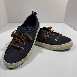 Sperry Navy Canvas Boat Shoes with Brown Laces
